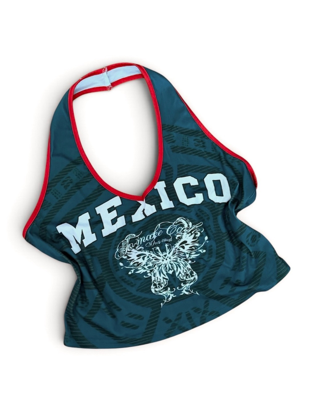 Mexico Graphic Halter Crop Top — Teal with Red Trim